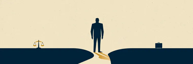 Illustration: eine Person am Scheideweg zwischen einer Waage und einem Koffer — Symbolbild zur Frage, ob sich die Studienplatzklage lohnt