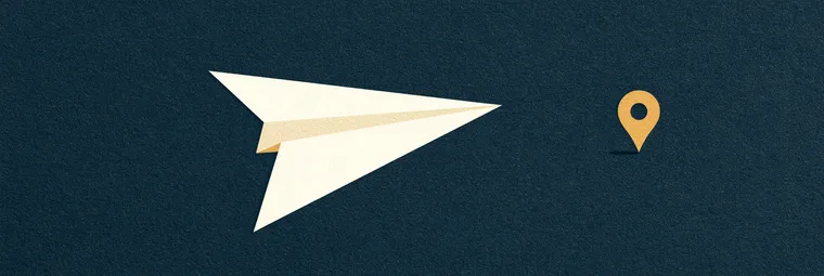 Illustration: Papierflieger fliegt zu einer Standort-Markierung — Symbolbild zum Medizinstudium im Ausland
