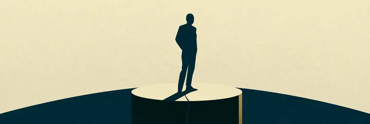 Illustration: eine Person auf einem angeknacksten Podest — Symbolbild zum Mythos, die Studienplatzklage sei ein sicherer Platz